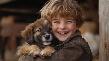 joyful young boy is smiling while holding cute puppy close to his face, showcasing heartwarming bond between them. scene captures essence of happiness and companionship
