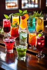 Fototapeta premium vibrant beverage display featuring colorful drinks decorative embellishments bright inviting arrangement, cocktail, glass, fruit, ice, decoration, variety