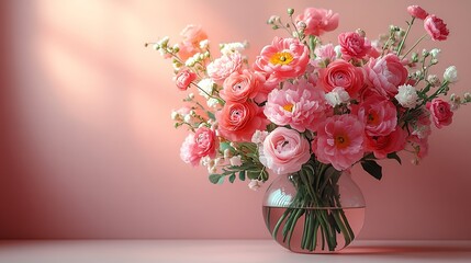 Fototapeta premium A vibrant bouquet of pink and peach ranunculus flowers arranged in a clear glass vase against a soft pink background with warm sunlight streaming in from the left.