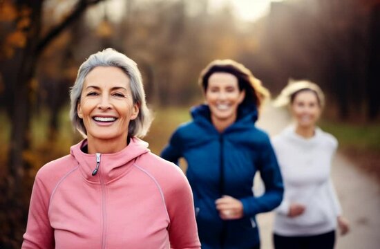 Senior Women Jogging in the Park with Friends on a Sunny Day, Promoting Healthy Lifestyle and Friendship