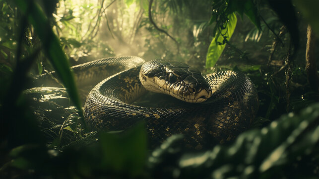 A large snake is laying on the ground in a jungle