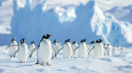 Obraz premium A group of penguins are standing on a snowy surface