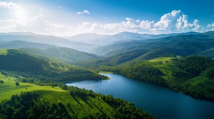 Mountain lake with forest reflection and scenic peaks
