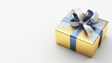 Obraz premium Festive gold and silver New Year gift with a blue ribbon, isolated on a white background for a simple, elegant touch.