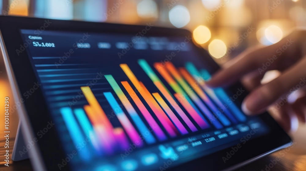 Poster a close-up of a tablet screen showing an interactive financial bar chart, with colorful columns repr
