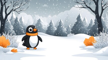 Snowy landscape with cartoon penguins ice skating and playing