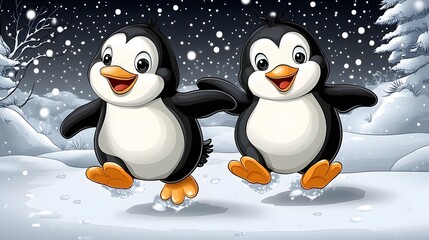 Fototapeta premium Snowy landscape with cartoon penguins ice skating and playing