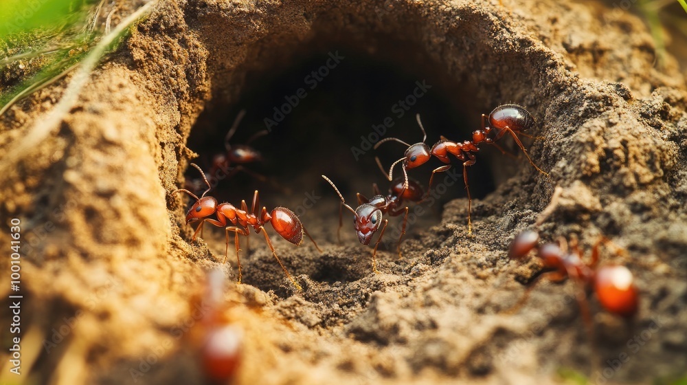 Poster A close-up of ants building a nest in the ground, showing their intricate tunnel system and the ants working together to move soil and debris.