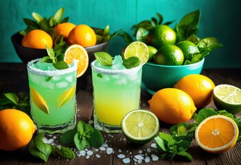 Fototapeta premium colorful fresh margarita ingredients displayed bright lively background citrus fruits refreshing herbs, lime, salt, ice, glass, cocktail, vibrant, tequila