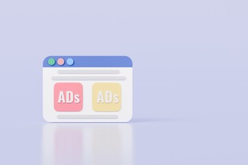 3d Ads website browser icon on isolated purple background. Digital marketing strategy concept. Ads, SEO, Online advertising, website ads, social media campaign. 3d element for UX, UI design. 3d render