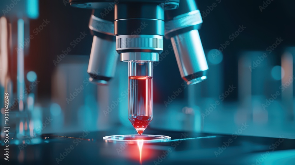 Poster microscope focusing on a sample with red liquid, high-tech laboratory setting.