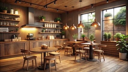 A quaint coffee shop adorned with wooden furnishings and soft ambient lighting, fostering a warm, inviting space ideal