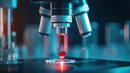 Microscope focusing on a sample with red liquid, high-tech laboratory setting.