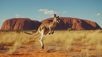 A kangaroo is jumping in the desert