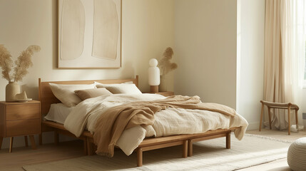 Warm, minimalist bedroom featuring a platform bed with natural linen bedding, light wood furniture, and a large abstract art piece in muted earth tones. home interior design concept 