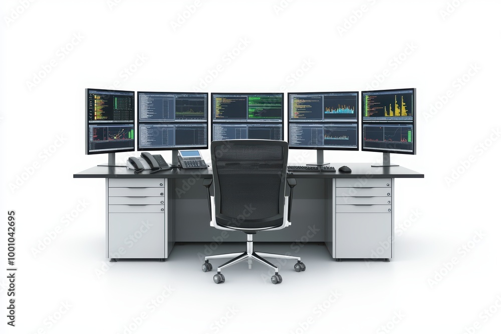Poster modern office with multiple computer monitors on a sleek desk, white isolated background