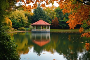 Autumn landscape with gazebo on lake