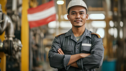 A confident young worker in a safety helmet stands proudly inside a bustling factory during daytime operations