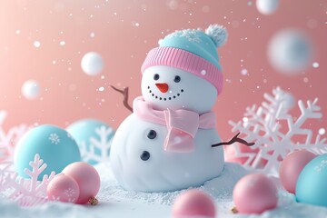 Fototapeta premium Snowman and snowflakes. 3d rendering. Christmas background, Ai Generated