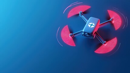 Red and blue medical drone flying against a blue background.