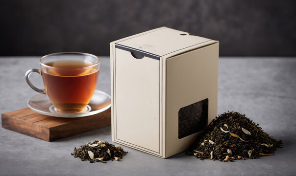 A cup of tea sits on a wooden coaster next to a box of loose leaf tea