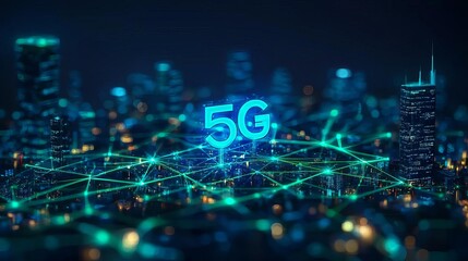Obraz premium Power of 5G A cityscape interconnected with glowing blue and green 5G waves, showing the vast power of connectivity, vibrant colors, futuristic atmosphere, digital illustration