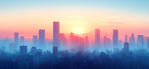Fototapeta premium Cityscape with sunrise and fog.