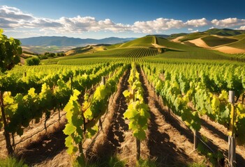 vibrant vineyard landscape featuring flourishing grape vines bathed sunlight under clear blue sky, abundance, agriculture, biodiversity, bright, bunch