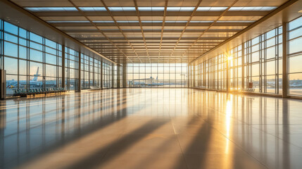 Bright morning sunlight streams through large windows at a modern airport terminal, casting reflections on polished floors