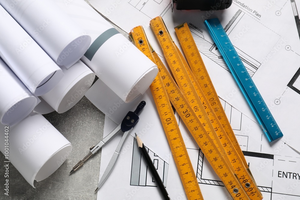 Sticker Different engineering drawings and tools on grey textured table, flat lay