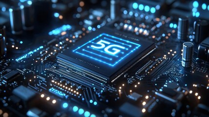 Fototapeta premium Power of 5G Close-up of a 5G microchip, with glowing lines representing data transfer, electric blue and silver tones, futuristic and high-tech aesthetic, realistic 3D render