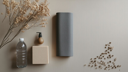 Flat Lay of Yoga Equipment and essentials on Textured Ground