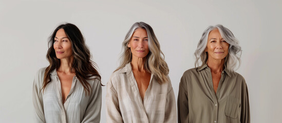 Three aging beauty confidence women mature middle-aged gray silver hair natural elegance timeless empowerment self-love fashion wellness minimalist sophisticated chic graceful authenticity banner meno