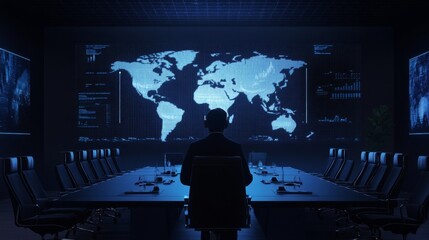 A shadowy figure sits in a high-tech boardroom, facing a glowing world map on a dark screen, suggesting a strategic command center.