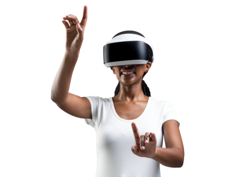 Woman with VR headset png touching invisible screen