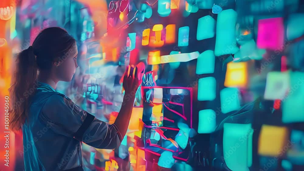 Poster photo realistic image of a person drawing on a glass board with sticky notes and markers, symbolizin