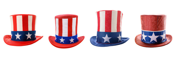A collection of festive hats featuring red, white, and blue designs, perfect for celebrations and patriotic events.