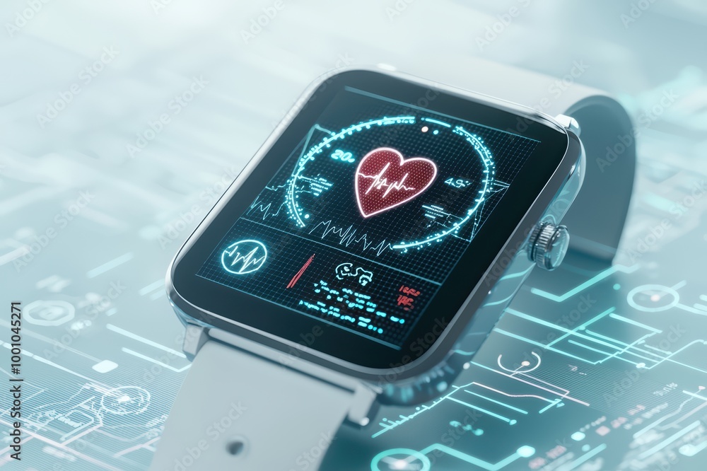 Poster smartwatch displaying heart rate monitor on a digital interface, white isolate background
