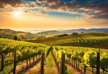 Fototapeta premium stunning vineyard landscape featuring vibrant grape vines amidst breathtaking scenic views, abundance, agriculture, backdrop, biodiversity, bright