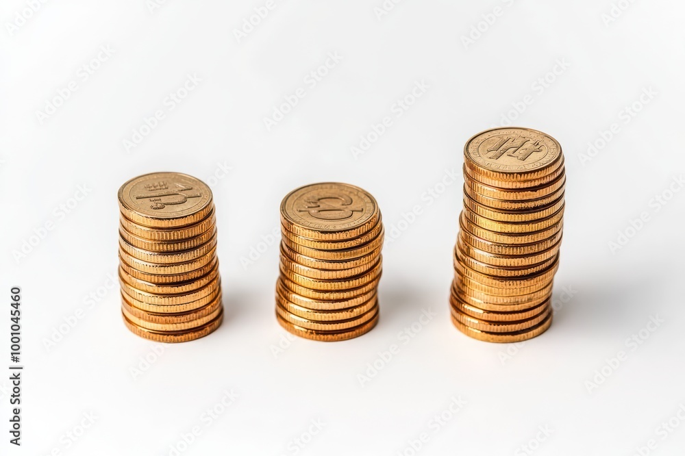 Aufkleber stacks of coins representing different values, isolated on white background.