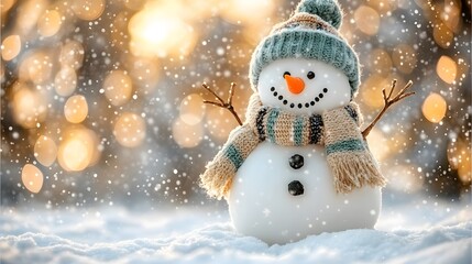 Obraz premium Adorable snowman with a carrot nose and stick arms waving in the snow
