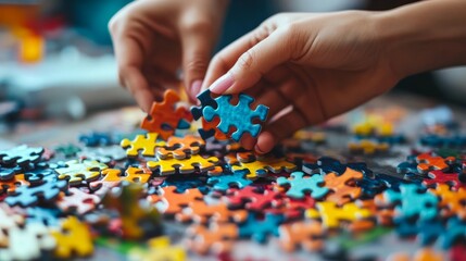 Hands assembling colorful puzzle pieces on a table, surrounded by a chaotic mix of disconnected parts, showcasing creativity and focus.