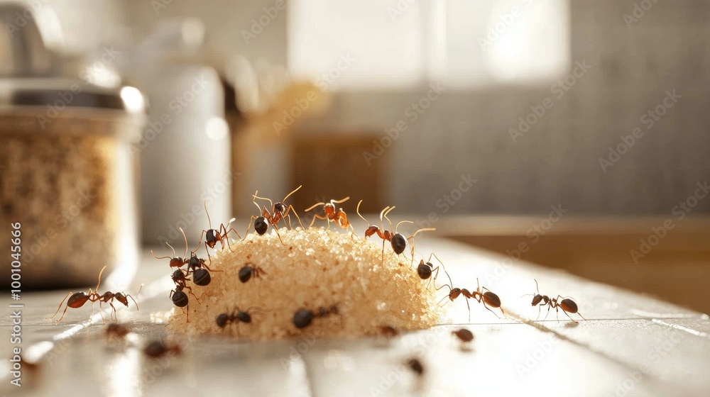 Poster a detailed image of ants crawling on a crumb of food on a kitchen counter, capturing their movement 