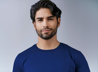Obraz premium A man with a beard wearing a blue shirt, standing confidently with a neutral expression