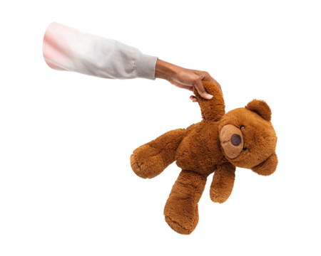 Png hand holding teddy bear, transparent background