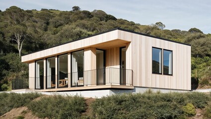 Fototapeta premium modern, minimalist-style house situated on a hillside surrounded by lush greenery. The house features a rectangular layout with a flat roof and is constructed primarily from light-colored wood