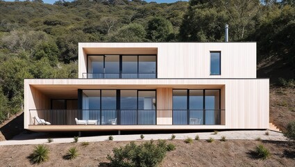 modern, minimalist-style house situated on a hillside surrounded by lush greenery. The house features a rectangular layout with a flat roof and is constructed primarily from light-colored wood
