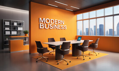 An office interior with a large window looking out onto a city skyline