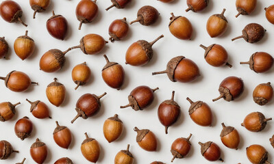 Acorns are spread out on a white surface, creating a natural pattern