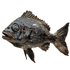 Fototapeta premium A detailed view of a black fish, showcasing its unique features and texture against a white isolated background, highlighting its natural beauty and unique characteristics.